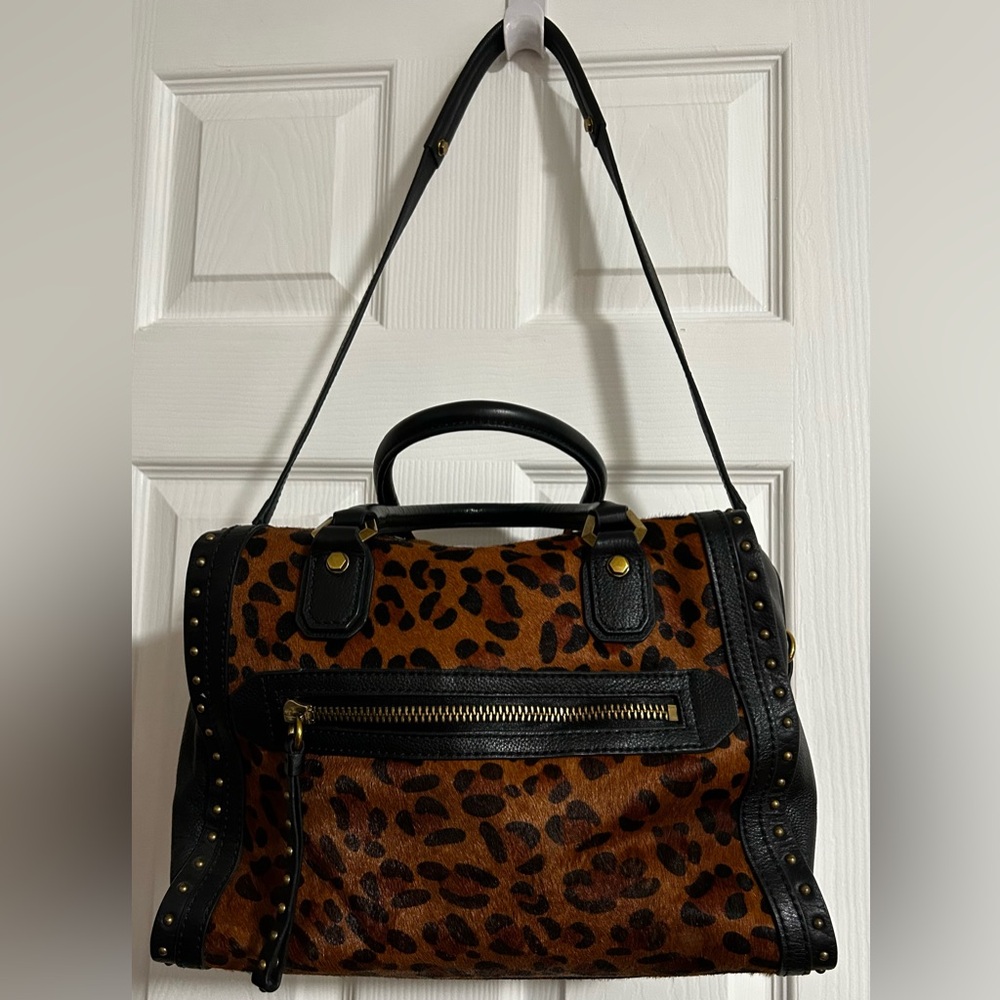 Leopard Print Satchel Handbag with Black Trim and Gold Accents